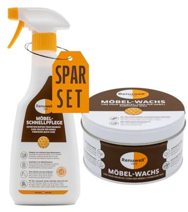 Renuwell Möbel Schnellpflege (500 ml) & Möbel-Wachs natura-farblos (500 ml) – Pflege-Set für Reinigung, Auffrischung und Schutz von Holzoberflächen