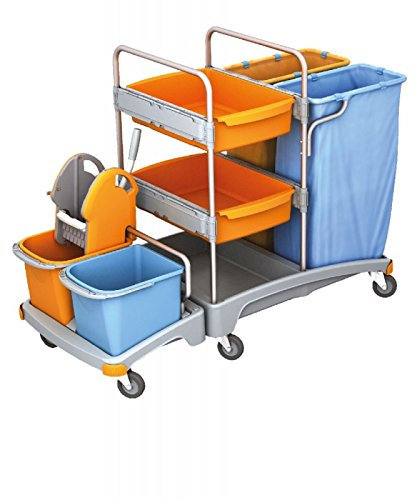Carro de limpieza Splast con 2 bolsas de basura incluye soportes, escurridor fregona y estante 2 compartimentos