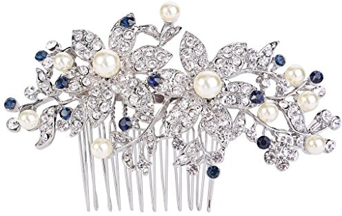 EVER FAITH® Silber-Ton österreichische Kristall Cream künstliche Perle Graceful rotbud Blume Haarkamm blau N07913-2
