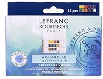Lefranc Bourgeois Acuarela Fine - Caja de plástico de 12 medio godets + pincel de acuarela profesional, colores surtidos