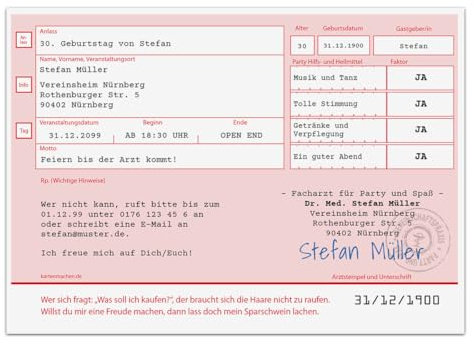 Kartenmachen.de Witzige Individuelle Einladungskarten zum Geburtstag als ärztliches Rezept in Rosa Verschreibung (ab 10 Stück), dickes 300g/qm Papier in DIN A6