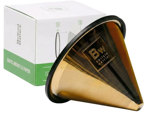 Barista Warrior Reusable Coffee Filter - Stainless Steel Pour Over Dripper, Compatible for Chemex, Hario V60 & Drippers, Easy to Clean Flavorful Brew Fine Mesh Coffee Filter - Gold