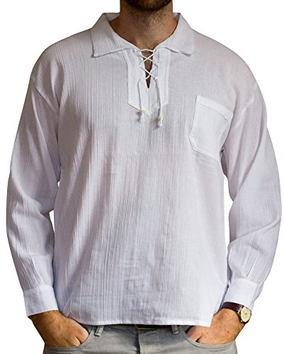 Tumia LAC Unisex Fair Trade 100 % bomullströja – lätt boho sommarskjorta med snörning hals och justerbara knappmanschetter – handgjord skjorta i Ecuador, Vitt, L