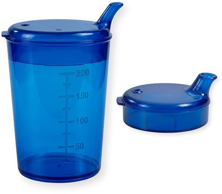 Medi-Inn+ Schnabelbecher 250 ml Praktisches Set: 1 Unterteil mit 2 Deckeln (1 x mit Öffnung 12 x 10 mm u. 1 x mit Öffnung 4 x 4 mm) | blau