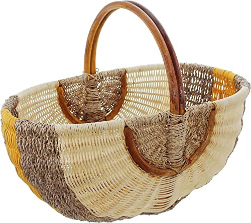 Dekoleidenschaft Einkaufskorb Mix aus Seegras & Rattan geflochten, orange/Natur, Flechtkorb, Autokorb, Tragekorb, Rattankorb, Picknickkorb