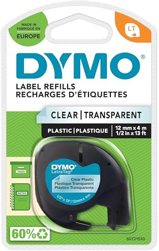 DYMO LetraTag-plastetiketter | Originaletiketter | Rulle på 12 mm × 4 m | Svart text på genomskinliga etiketter | Självhäftande etiketter för flera syften för LetraTag-etikettskrivare