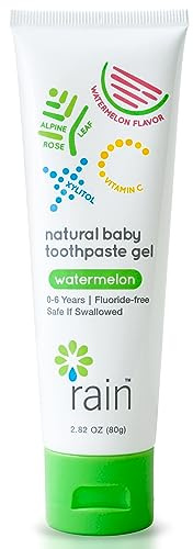 Rain Natural Baby Fluoride Free Kids Toothpaste Gel - Safe to Swallow Infant Toddler Tooth Paste, 2.8 Oz, Babies Training, Ages 6 to 12 months and Up Vitamin C Watermelon Toothpaste for Kids 0-6 years