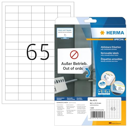 HERMA 4212 Universal Etiketten ablösbar, 25 Blatt, 38,1 x 21,2 mm, 65 pro A4 Bogen, 1625 Stück, selbstklebend, bedruckbar, matt, blanko Papier Klebeetiketten Aufkleber, weiß