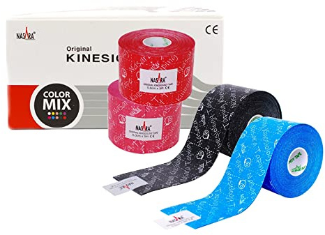Nasara Kinesiologie-Tape in praktischer Box, Sporttape und Medizin, Sparpack, 1 x Blau, 1 x Rosa, 1 x Rot, 1 x Schwarz, 5 cm x 5 m