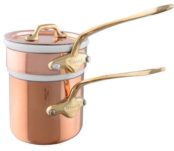 Mauviel M'Heritage 150 B 1.5mm Polished Copper & Tin Inside Bain Marie Double Boiler With Porcelain, Lid & Brass Handles, 1.8-Qt, Made In France