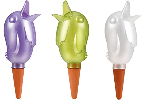 Scheurich Wasserspender Bördy XL | 3er Set Transparent/Lila/Grün | 620 ml Füllmenge | Bewässerungskugel klein mit Ton Fuß | Wasserspender Pflanzen und Blumen Terrakotta Stiel