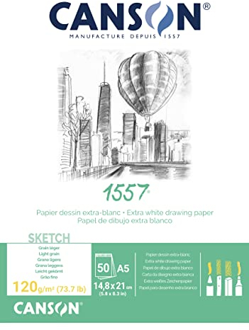Canson 204127407 1557 Zeichen-und Skizzenpapier, A5, rein weiß