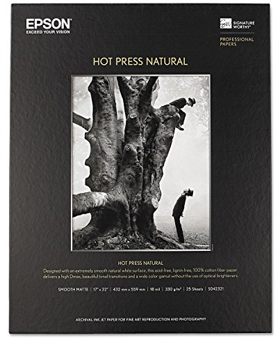 Epson Hot Press Natural Fine Art Smooth Matte Cotton Rag Inkjet Paper, 17 mil., 330 g/m2, 17x22, 25 Sheets