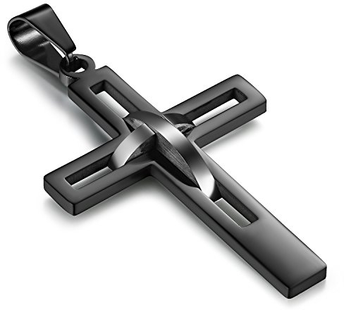Flongo Kreuz Kette Herren schwarz: Kreuzkette Männer Halskette Anhänger Edelstahl Kettenanhänger kruzifix jesus taufkette Schmuck massiv Ostern Weihnachten Geschenk für Jung Damen Frauen 54cm lang