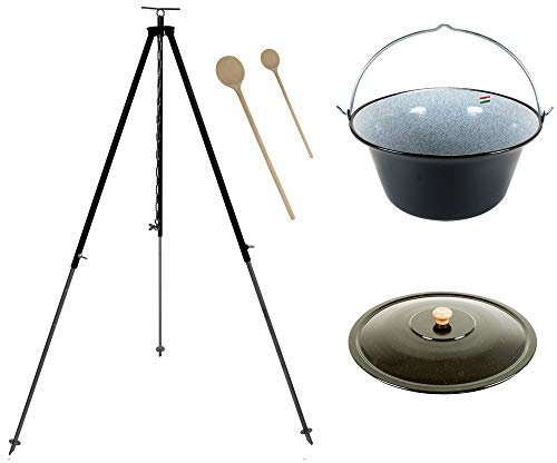 Grillplanet® Set 10 L Gulaschkessel mit Dreibein schwarz 1,80 m und Deckel (10 Liter original ungarischer Gulaschtopf Feuertopf Kesselgulasch Topf Feuerkessel Kochkessel Glühweinkessel Suppentopf Kessel)