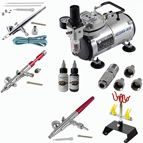 Agora-Tec® Airbrush Nailart Design Komplett Set EXPERT 42-RED, inkl. Kompressor mit 4 bar, 3 Stück Double Action Airbrushpistolen, 4-fach Pistolenhalter, 2 x 30ml Airbrush Nageldesign Weiß & Schwarz