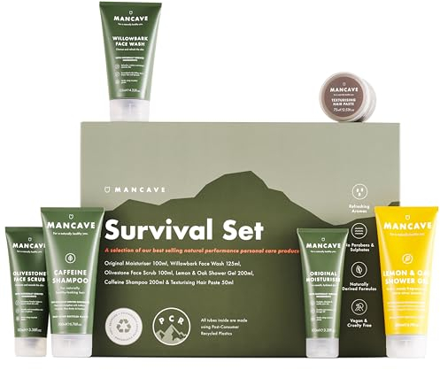 ManCave Survival Geschenkset Männer, 6 Natürliche Pflegeprodukte, Duschgel Männer, Shampoo, Gesichtsreiniger und Peeling, Feuchtigkeitscreme, Vegan, Plastikfreie Packung, Recycling-Kunststoff-Tuben