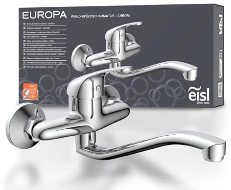EISL NI161EUCR EUROPA Wandwasserhahn Chrom, Wand-Spültischarmatur 360°, ideal für Doppelspülbecken, Wasserhahn Wandmontage, Wandarmatur für Küche/Ausgussbecken, Mischbatterie für Wandmontage