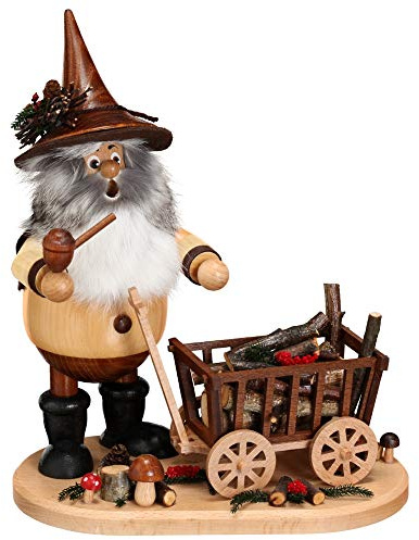 Drechselwerkstatt Uhlig Räuchermännchen Wichtel mit Wagen - 25cm - Original Erzgebirge Räuchermann