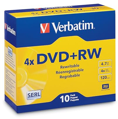 Verbatim DVD+RW 4.7GB 120Min Up to 4X Blank Discs Rewritable Up to 1000 Times - 10pk Slim Case