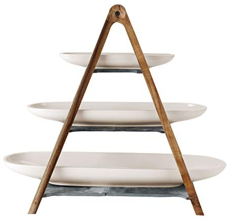Villeroy & Boch – Artesano Original Cake Stand Large, 3-Tier Etagere 4 Pieces, Dishwasher Safe, Made from Natural Materials, Premium Porcelain/Natural Slate/Wood