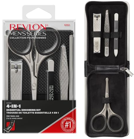 Revlon Men's Grooming Kit, 5-Piece Travel Essentials Set, Includes Nail Clippers, Scissors, File, Tweezers and Carrying Case, Stainless Steel, 1 count