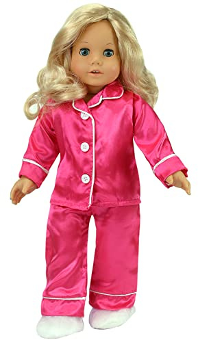 18 Inch Doll Clothes Outfit, Sophia's Hot Pink Satin Doll Pj's with White Slippers, Doll Pajamas Set Fits American Girl Dolls, Doll Clothing for 18 inch dolls