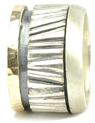 Tiljon Breiter Drehring aus 925er Silber mit beweglicher geriffelter Ringschiene und seitlicher 375er Gold-Verzierung Ringgröße 60 (19.1)