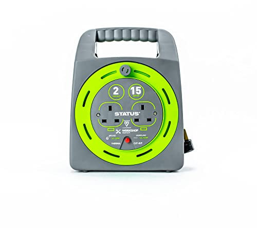 STATUS 2 Socket Cable Reel | 15m Green Extension Lead | 13A with Thermal Cut Out | Heavy Duty Outdoor Extension Lead | S15M2SHBCR1PK2