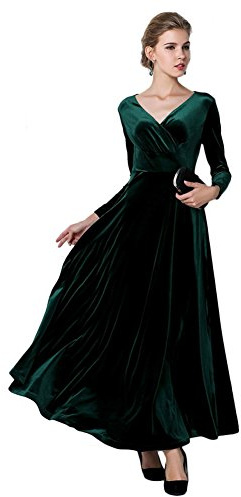 Damen Elegant V-Ausschnitt Langarm Samt Maxi Kleider Party A Linie Lang Abendkleider