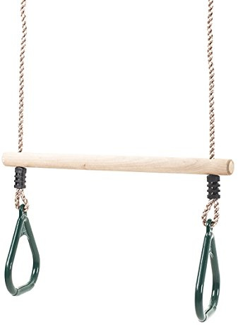 Wooden Trapeze Bar with Green Rings for Climbing Frames and Garden Swings