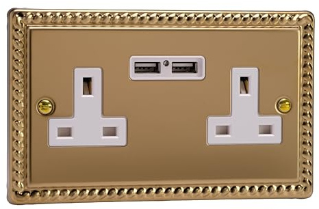 Varilight 2 Gang, 13 Amp Unswitched Socket with 2 Optimised USB Charging Ports, White Insert. Classic Georgian Polished Brass Effect