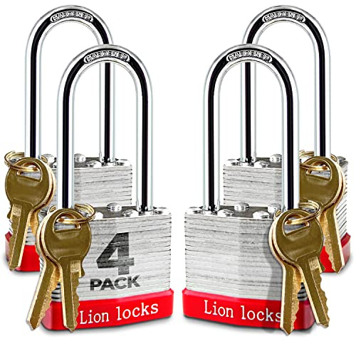 Lion Locks 4 Keyed-Alike Padlocks w/ 2” Long Shackle, 8 Keys, Hardened Steel Pad Lock, Pick Resistant Brass Pin Cylinder (Pack of 4)