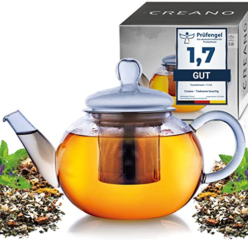 Creano Tetera de Vidrio con Colador de Acero Integrado y tapa de Vidrio, Perfecto para la Preparación de Té Suelto, sin Gotas | 800ml