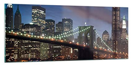 Panorama Bilder auf Glas 100x40cm Glasbild Brooklyn brücke nacht new york city Groß Wanddeko Bild im Glas Schlafzimmer Küche Wandbilder Dekoration Wohnzimmer Modern Wand Kunstdruck Art GAB100x40-0512