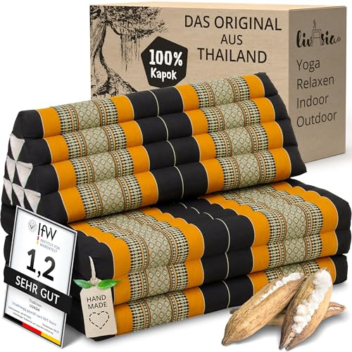 livasia Thaikissen 3 Auflagen für Paare XXL - 190x80x8cm - Dreieckskissen Klappmatratze, extrabreit Kapok, Rückenkissen faltbar, Thaimatte zum Klappen, Meditationskissen (Schwarz/Orange)