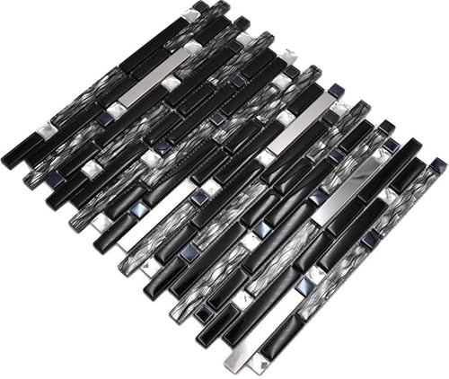 Mosaik Verbund Crystal/Edelstahl mix schwarz/Glas Metall Mix Fliesenspiegel, Mosaikstein Format: 15x48/98/148x8 mm, Mattengröße: 298x338 mm, 1 Matte