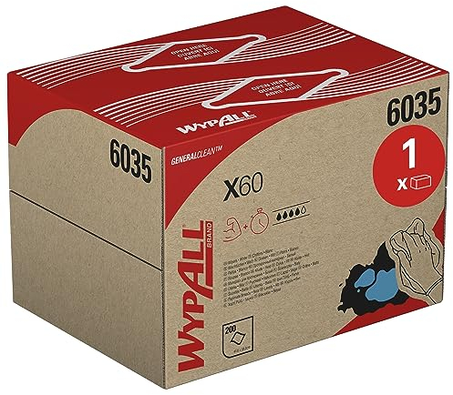 WypAll Chiffons de Nettoyage General Clean X60 6035, 1 pli, réutilisables, hautement absorbants avec technologie Hydroknit, boîte BRAG™ portable, blancs, 1 boîte x 200 lingettes