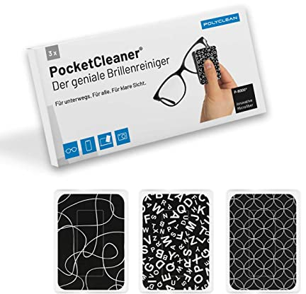 POLYCLEAN 3X PocketCleaner® Brillenputztücher – Praktisches Brillenputztuch und Display Reiniger – Microfasertuch Made in Germany (12x4 cm, 3 Stück, Black & White) – Bildschirmreiniger Screen Cleaner