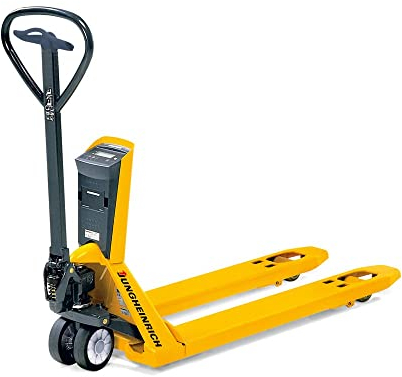Jungheinrich Wiegehubwagen AMW mit Komfortanzeige | 2.200 kg Tragkraft | Displaywaage mit 0,2/0,5/1 kg Schritten | 1.150 mm Gabellänge | Lenkrad/Gabelrolle aus robustem Polyurethan | Tandemrollen