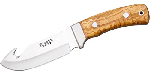 Jokerkniv OSO-D CO55, bälteskniv med blad 12 cm MOVA-stål, handtag i olivträ, med brun läderslida, verktyg för fiske, jakt, camping och vandring