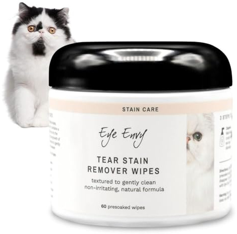 Eye Envy Tear Stain Wipes for Cats | Textured to Gently Clean, Treats The Cause of Staining | 100% Natural Formula | Recommended by Persian & Exotic Breeders, Vets, Groomers | 60 Ct