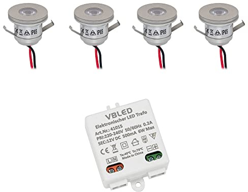 VBLED 4er Set 1W Mini-Einbauspot leuchtet vorne & seitlich 3000K LED-Mini Kleine Deckenleuchte Einbaustrahler Einbauleuchte Deckenleuchte Einbauleuchte Einbaustrahler Inkl. LED Trafo 12V DC