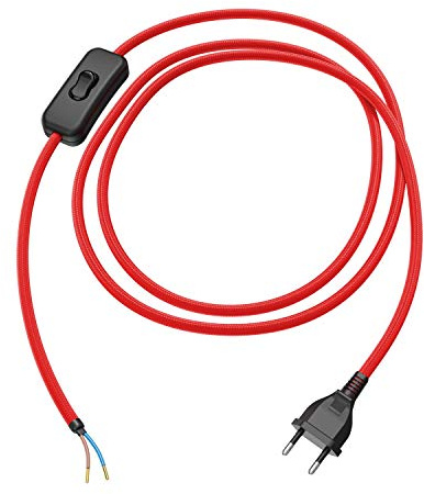 ledscom.de Prise européenne type C avec câble textile, interrupteur, 2 m, rouge, 2 x 0,75 mm².