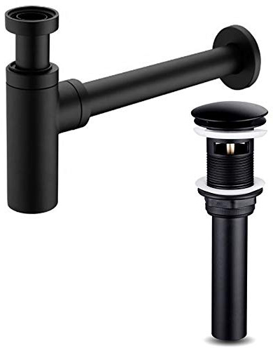 2er Set Siphon Ablaufgarnitur & Ablaufgarnitur mit Überlauf Waschtisch Abfluss Ventil Messing Schwarz