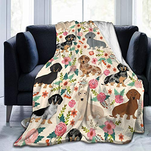 Throw Blanket Reversible Bed Throws Flannel Fleece All Season Gorgeous Sofa Couch Blankets, Dachshund Sausage Dogs Pink Flowers Print, 60x80 Inches
