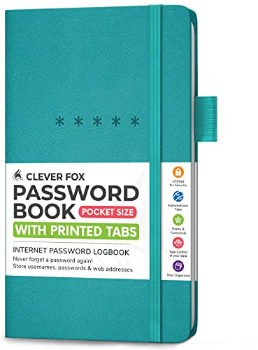 Clever Fox Passwortbuch – Alphabetisierter Internetadress- und Passwort-Organizer – Computer & Website Passworthalter Notizbuch – Log-in Passwort-Tagebuch – Tasche, 9,5 x 16 cm, Hardcover (Türkis)