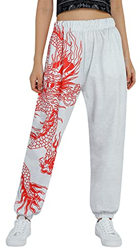 Pantalon Taille Haute éLastique à Imprimé Ample pour Femmes Entraînement Décontractéde Yoga Jogger Pantalon de Sport Actif Rue Attaché à la Cheville avec Poches (Dragon Gris Clair, S, s)
