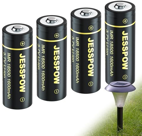 JESSPOW IMR 18500 wiederaufladbarer Akku, wiederaufladbarer Li-Ionen-Akku, 1600 mAh, 3,7 V, für Taschenlampe, Solar-Gartenleuchte, mit Knopfleiste, 4 Stück