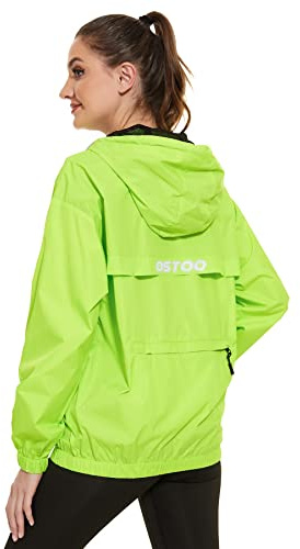 OSTOO Women's Running Cycling Lightweight Rain Jacket Waterproof with Hood Hiking Wind Breakers Pullover, Fluorescent Yellow, XL
